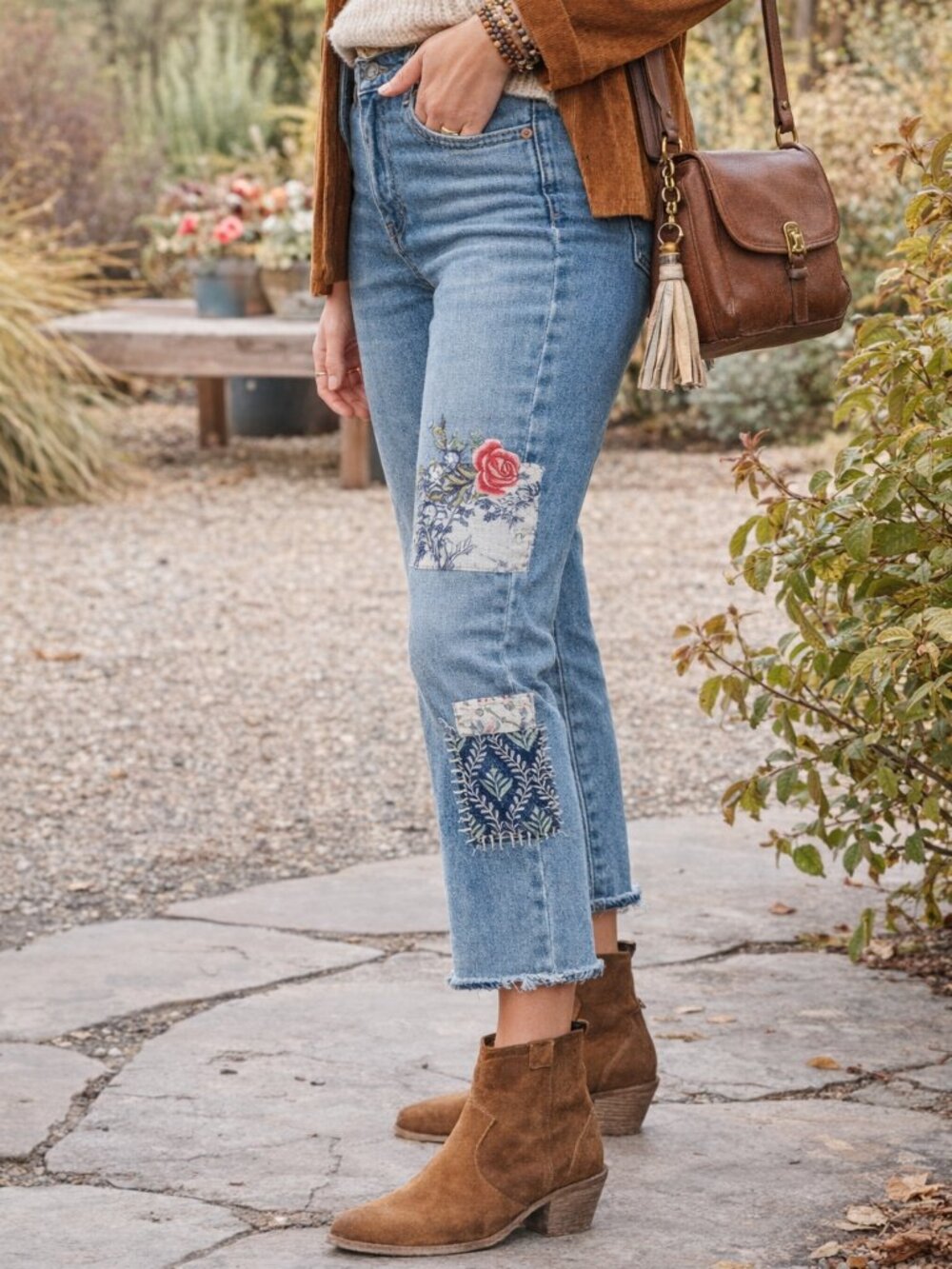 Sundance Patchwork Embroidered Jeans 32 Cropped Raw Hem Boho Straight